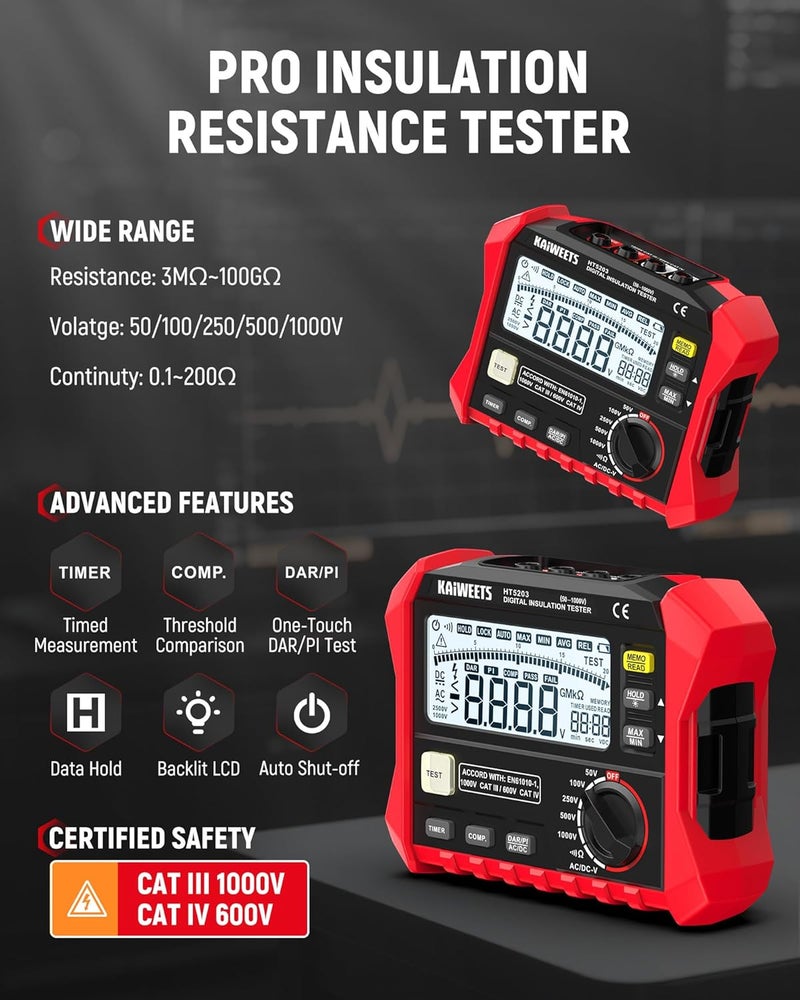 KAIWEETS Megohmmeter, Insulation Resistance Tester, Up to 100GΩ, 50V/100V/250V/500V/1000V, One-Touch DAR/PI, with AC/DC Voltage Testing for Motors, Solar, HVAC - Image 2